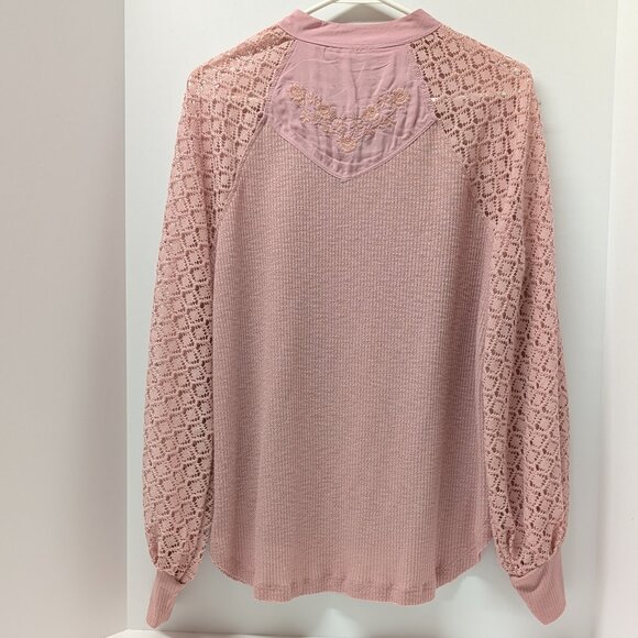 Free People Sweetest Thing Embroidered Thermal Top w/ Lace Sleeves in Blush Pink - Picture 4 of 16